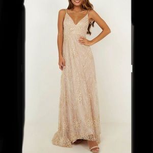 SHOWPO. CALLED OUT DRESS IN PINK AND GOLD SPARKLE